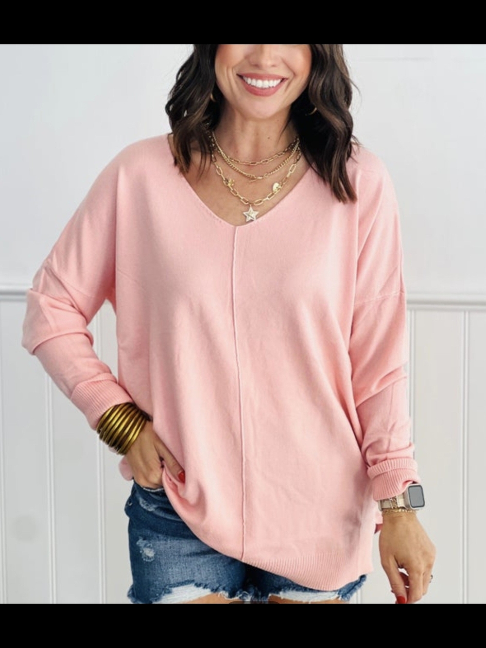 New Dreamers By Debut Women's V-Neck Lightweight Carnation Pink Sweater M/L